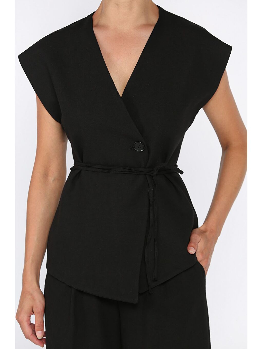 Siyah Bel Bağlamalı Astarlı Kadın Yelek Pantolon Keten İkili Takım-3