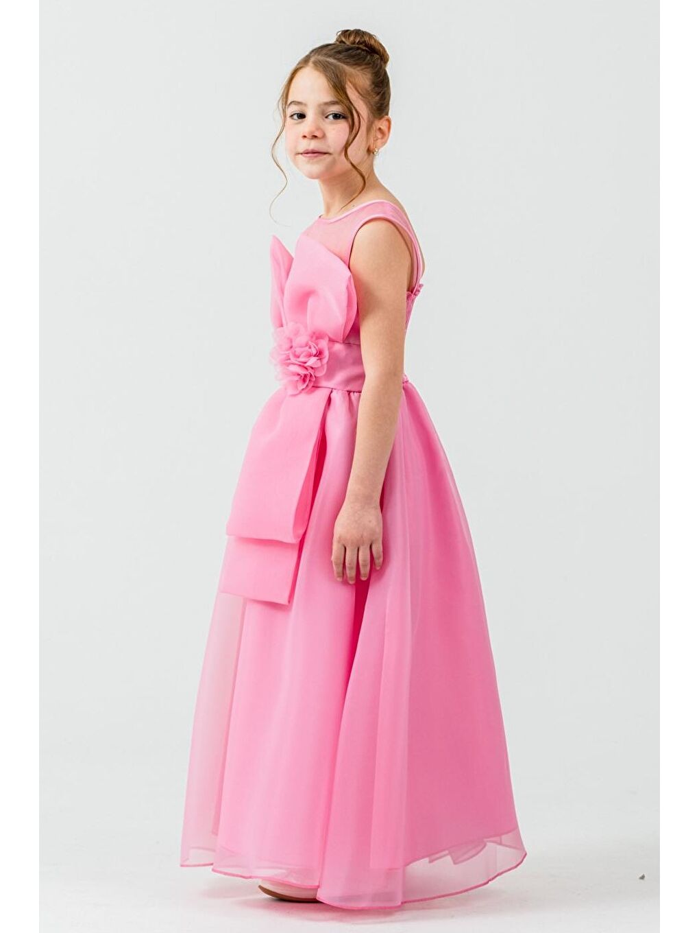 Pembe Kız Çocuk Organze Tül Çiçek ve Fiyonk Detaylı Gipe Sırtlı Prenses Abiye Elbise M00800-4