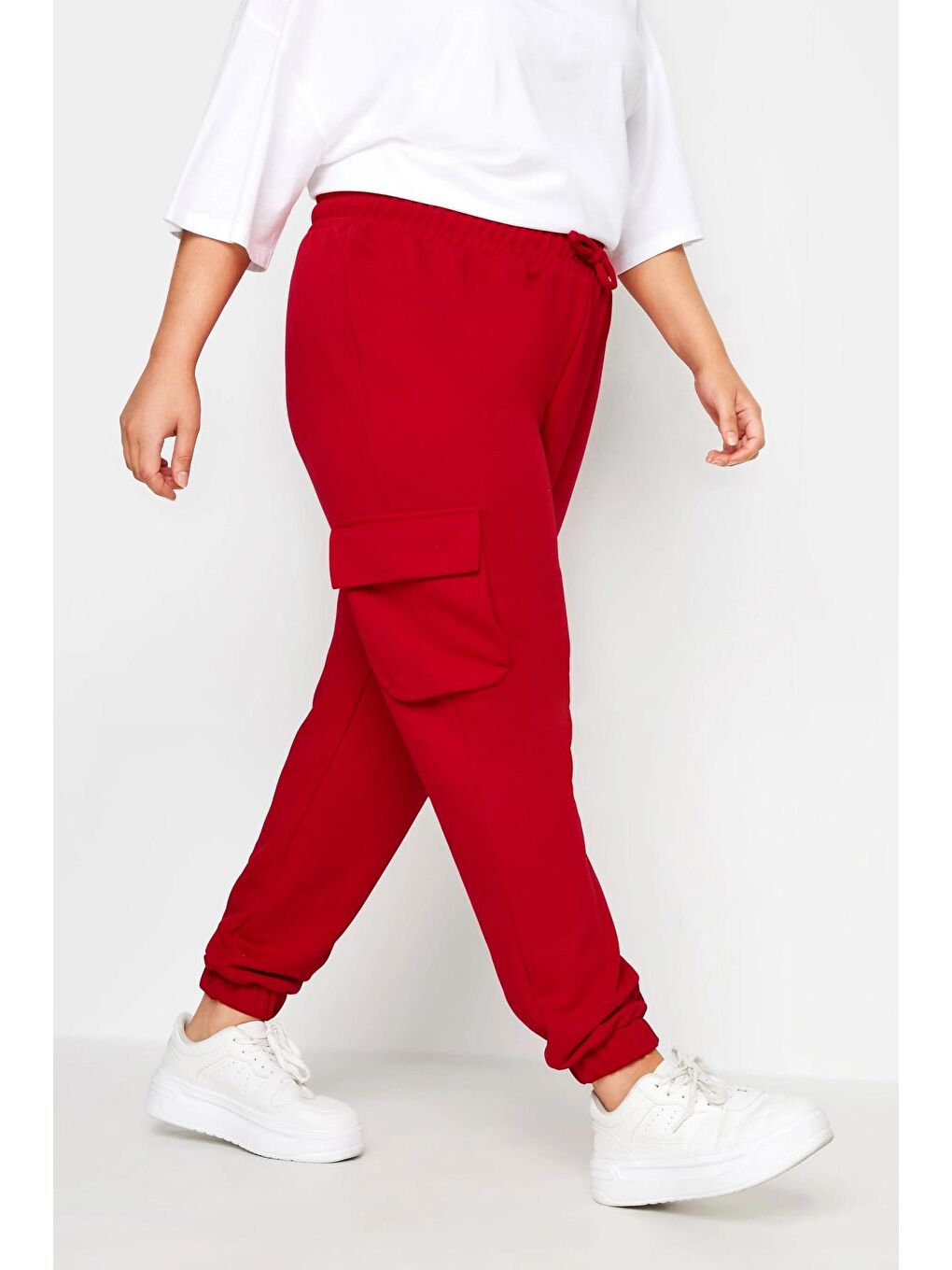 Kırmızı Büyük Beden Paçası Lastikli Cep Detaylı Kargo Jogger Pantolon 302773-1