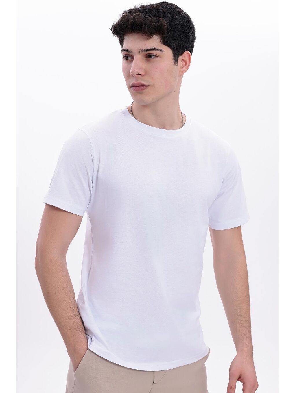 Beyaz Erkek/Unisex Bisiklet Yaka Basic Tişört %100 Pamuk - 371-2