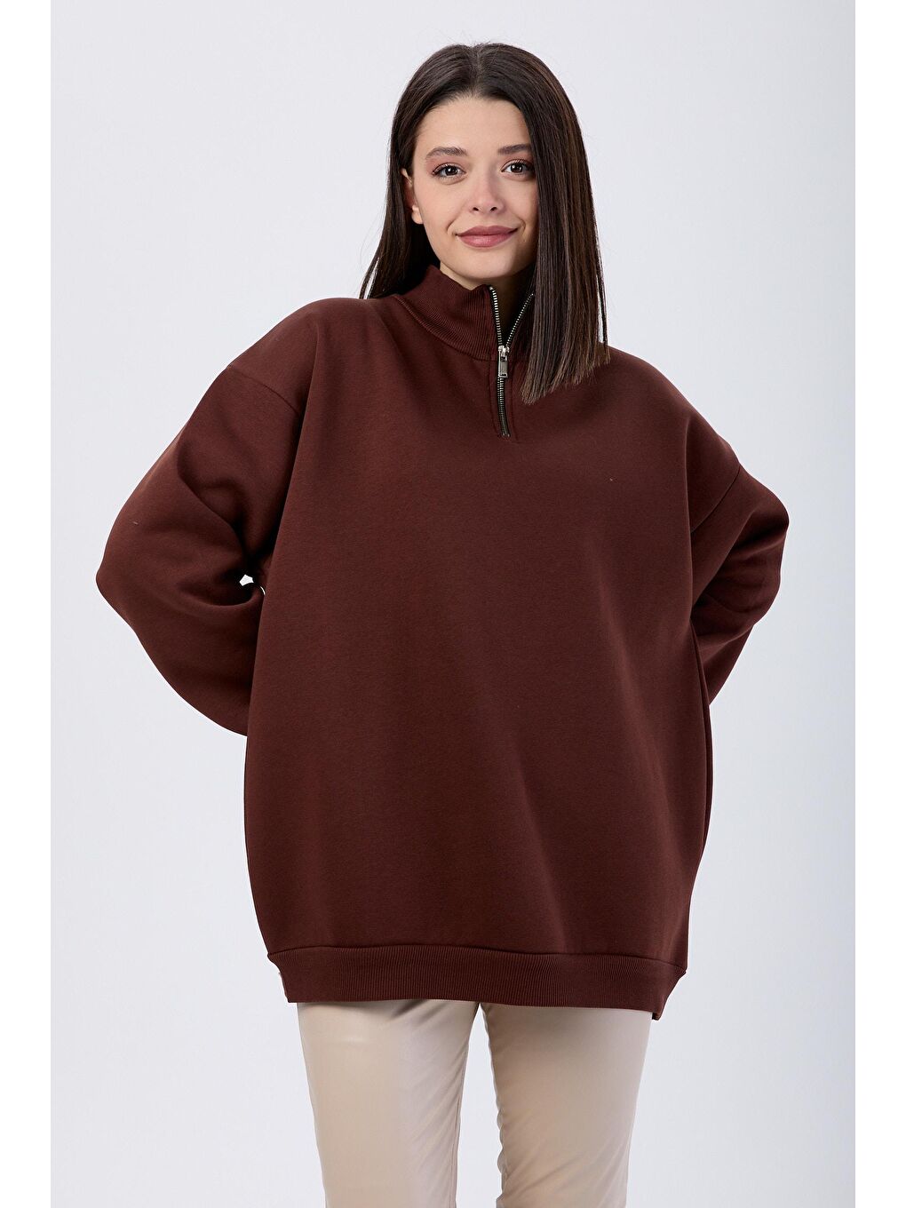 Yarım Balıkçı Yaka Kadın Kahverengi Sweat - 24109-1