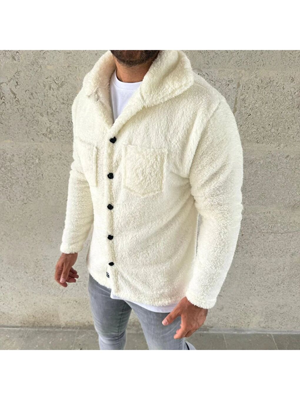 Beyaz Erkek Pelüş Polar Hırka-1