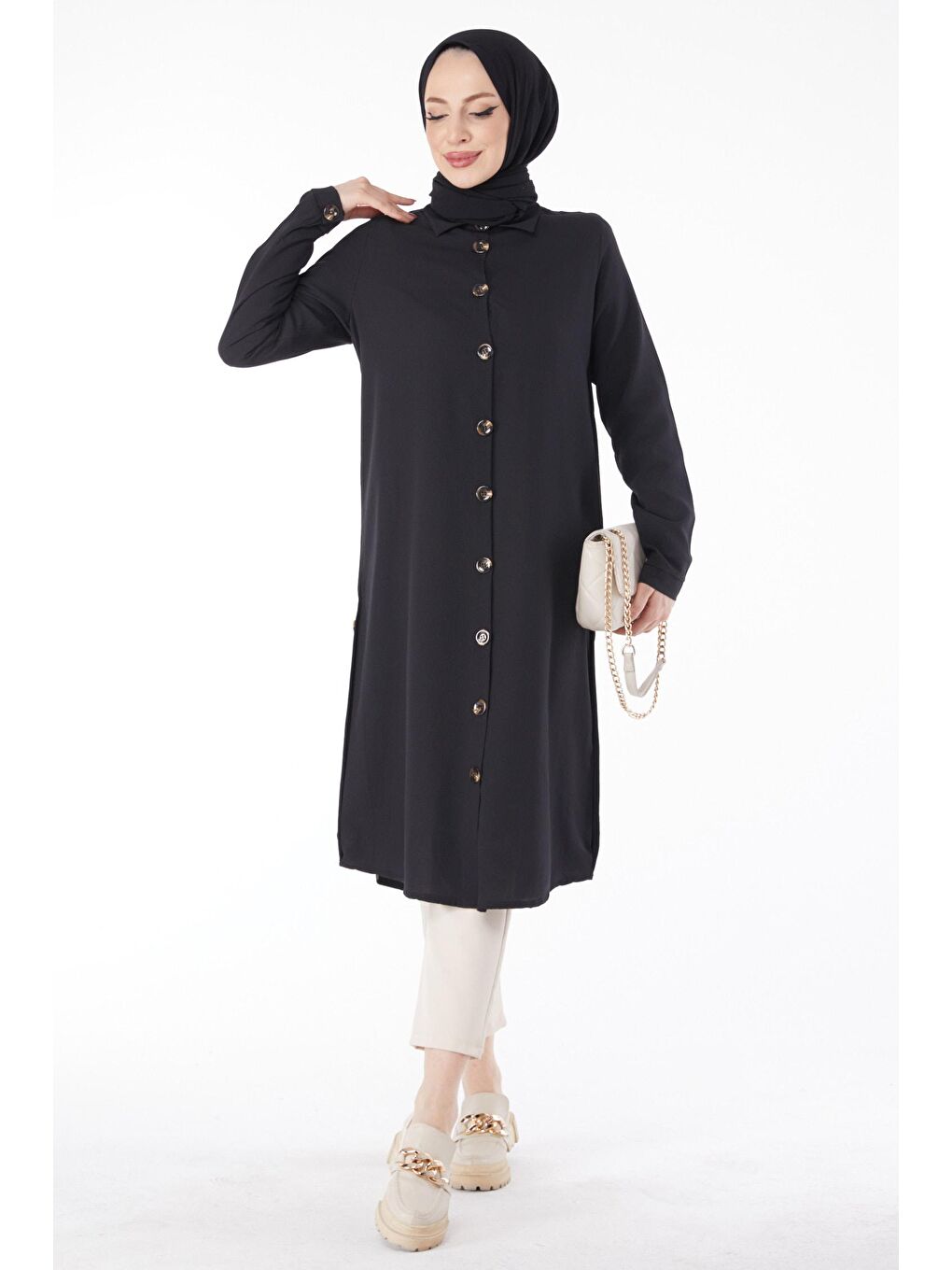 Gömlek Yaka Kadın Siyah Tunik - 13016