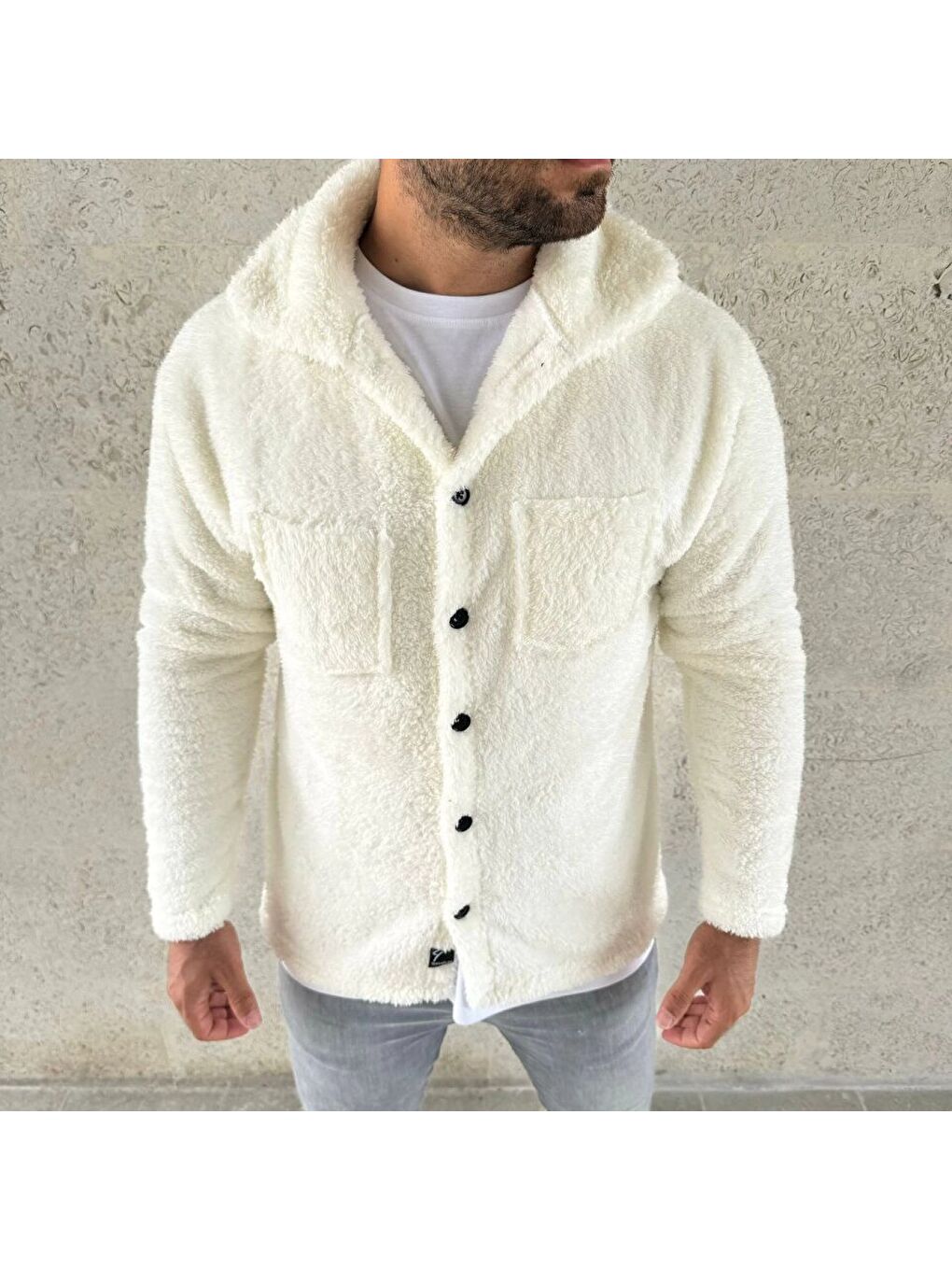 Beyaz Erkek Pelüş Polar Hırka-2