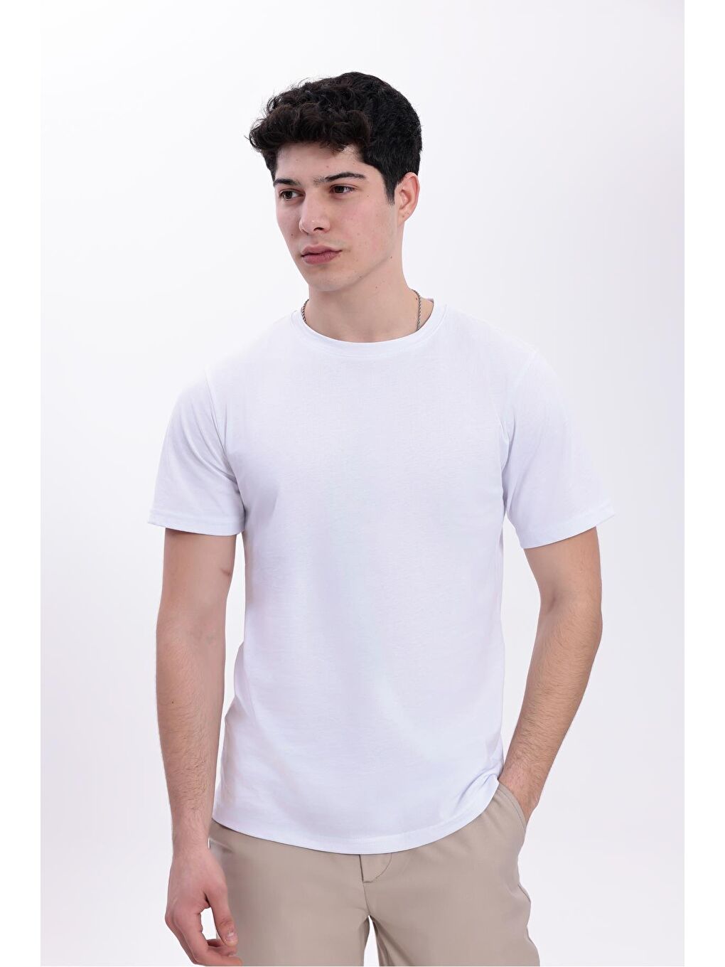 Beyaz Erkek/Unisex Bisiklet Yaka Basic Tişört %100 Pamuk - 371-4