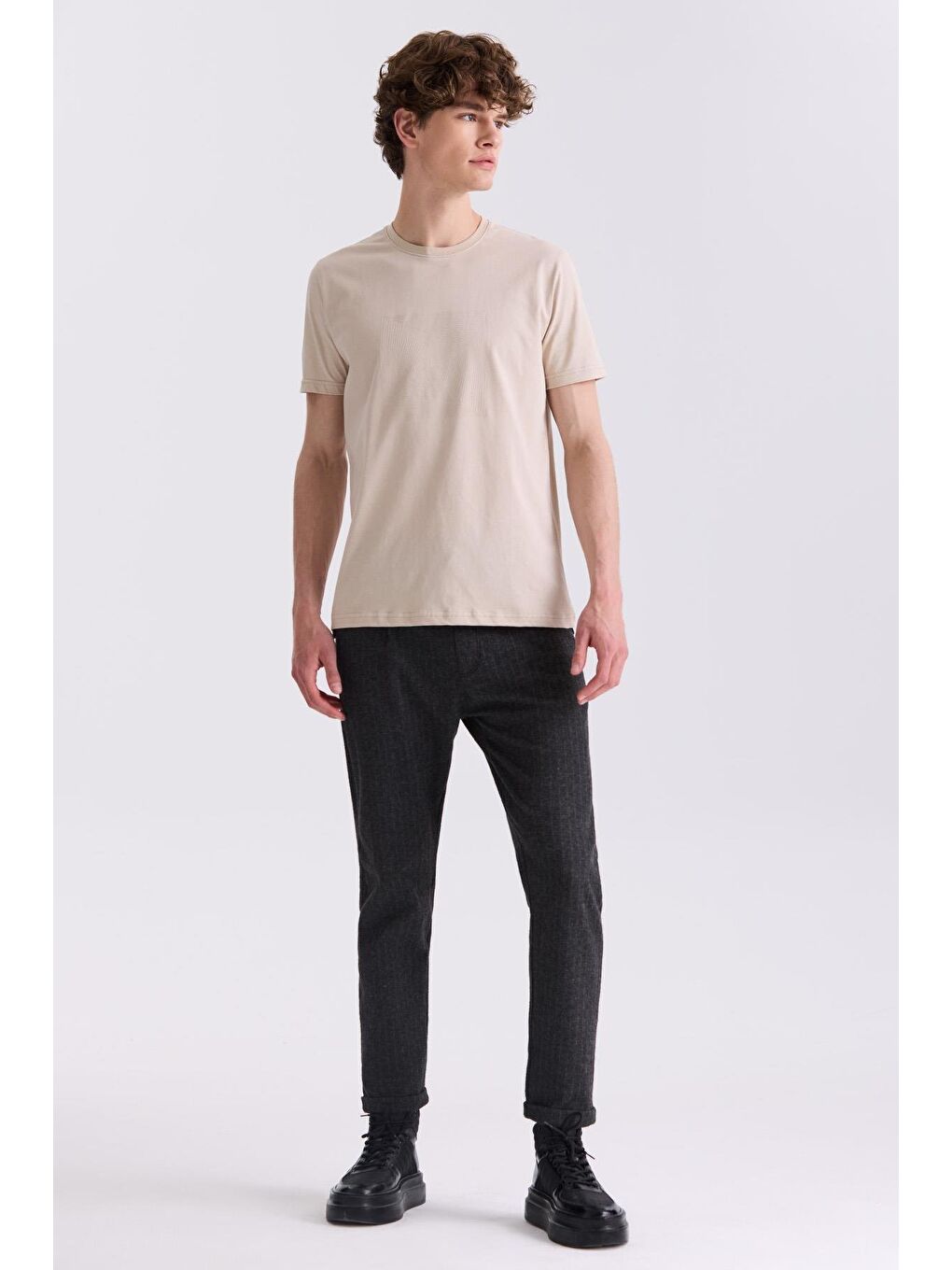 Bej Slim Fit Bisiklet Yaka T-Shirt-1