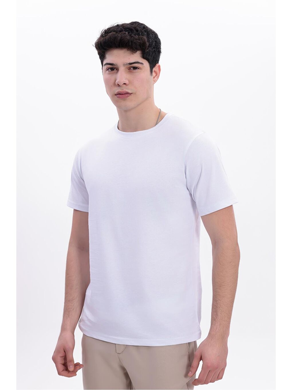 Beyaz Erkek/Unisex Bisiklet Yaka Basic Tişört %100 Pamuk - 371-5