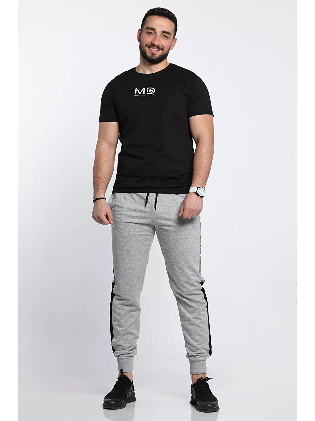 Gri Paça Ve Bel Lastikli Yan Desenli Şerit Detaylı Erkek Eşofman Altı-1