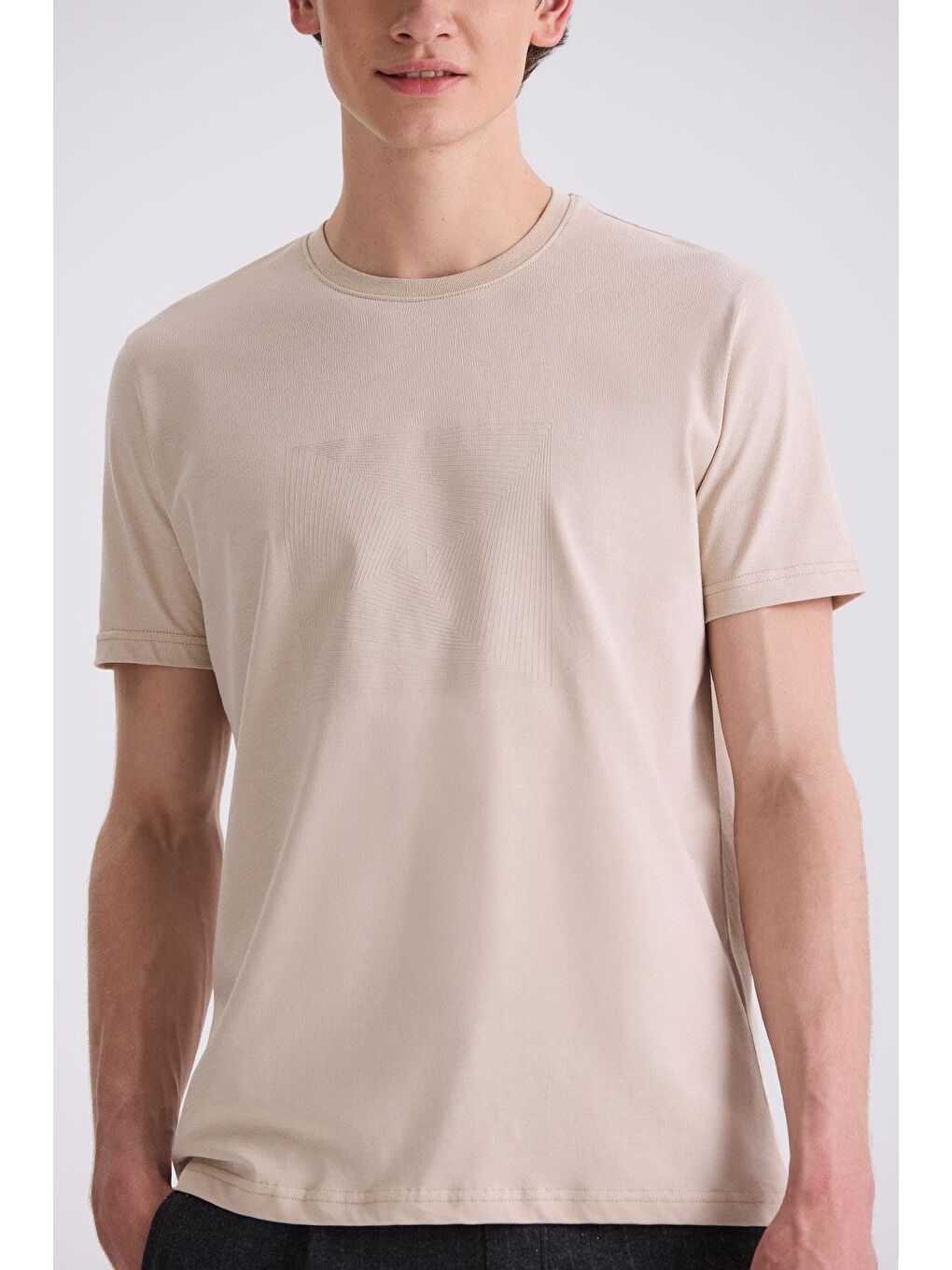 Bej Slim Fit Bisiklet Yaka T-Shirt-2