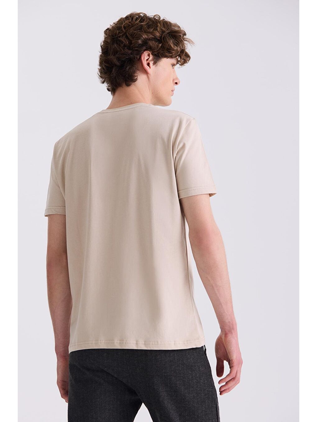Bej Slim Fit Bisiklet Yaka T-Shirt-3