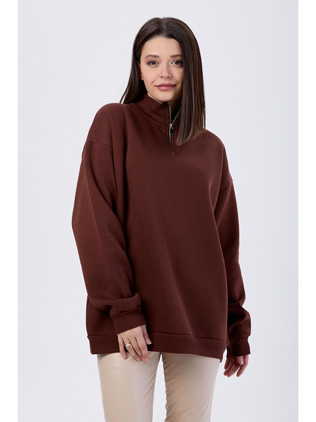 Yarım Balıkçı Yaka Kadın Kahverengi Sweat - 24109-3