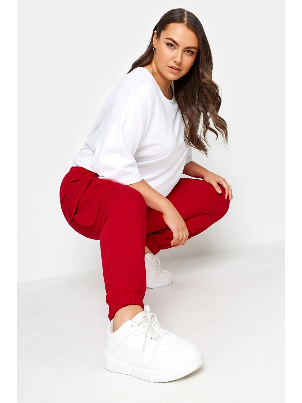 Kırmızı Büyük Beden Paçası Lastikli Cep Detaylı Kargo Jogger Pantolon 302773-3