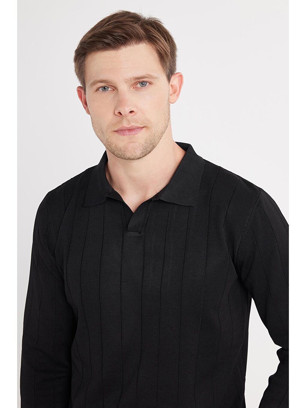 Erkek Slim Fit Dar Kesim Uzun Kol Polo Yaka Çizgili Siyah Kazak-1