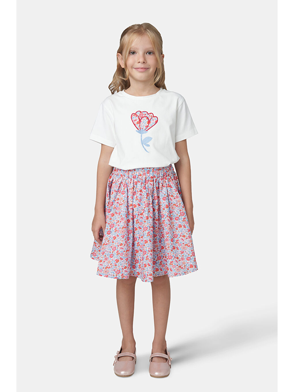 Kırmızı Liberty Kumaş Kız Çocuk Çiçek Desenli Etek
