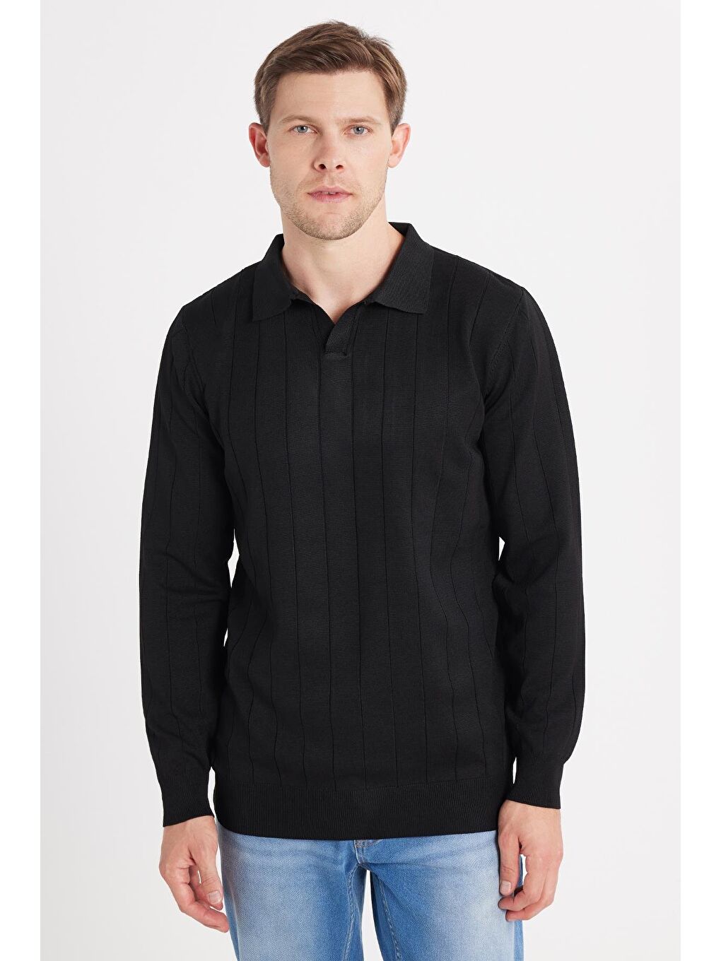 Erkek Slim Fit Dar Kesim Uzun Kol Polo Yaka Çizgili Siyah Kazak-3