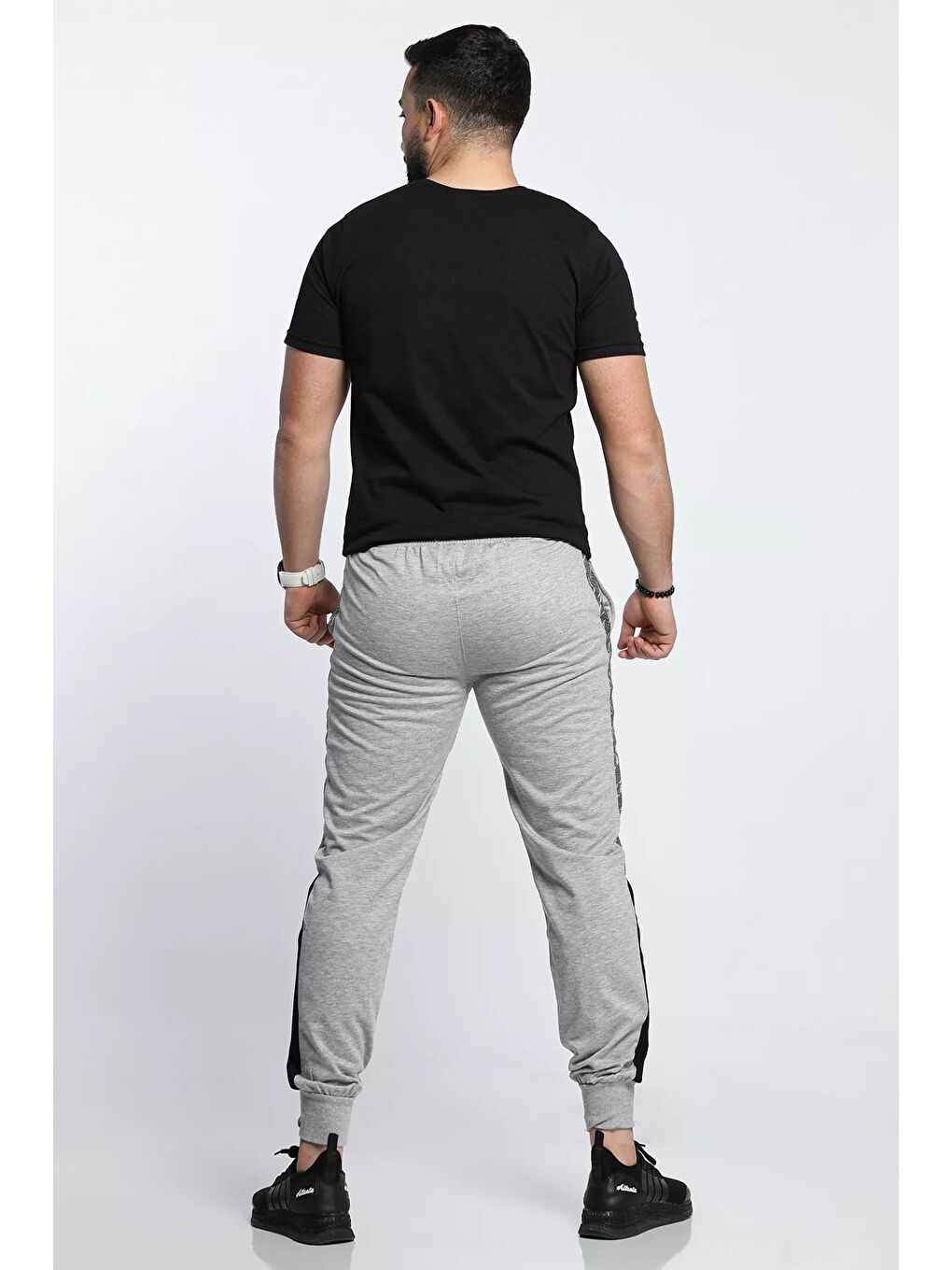 Gri Paça Ve Bel Lastikli Yan Desenli Şerit Detaylı Erkek Eşofman Altı-4