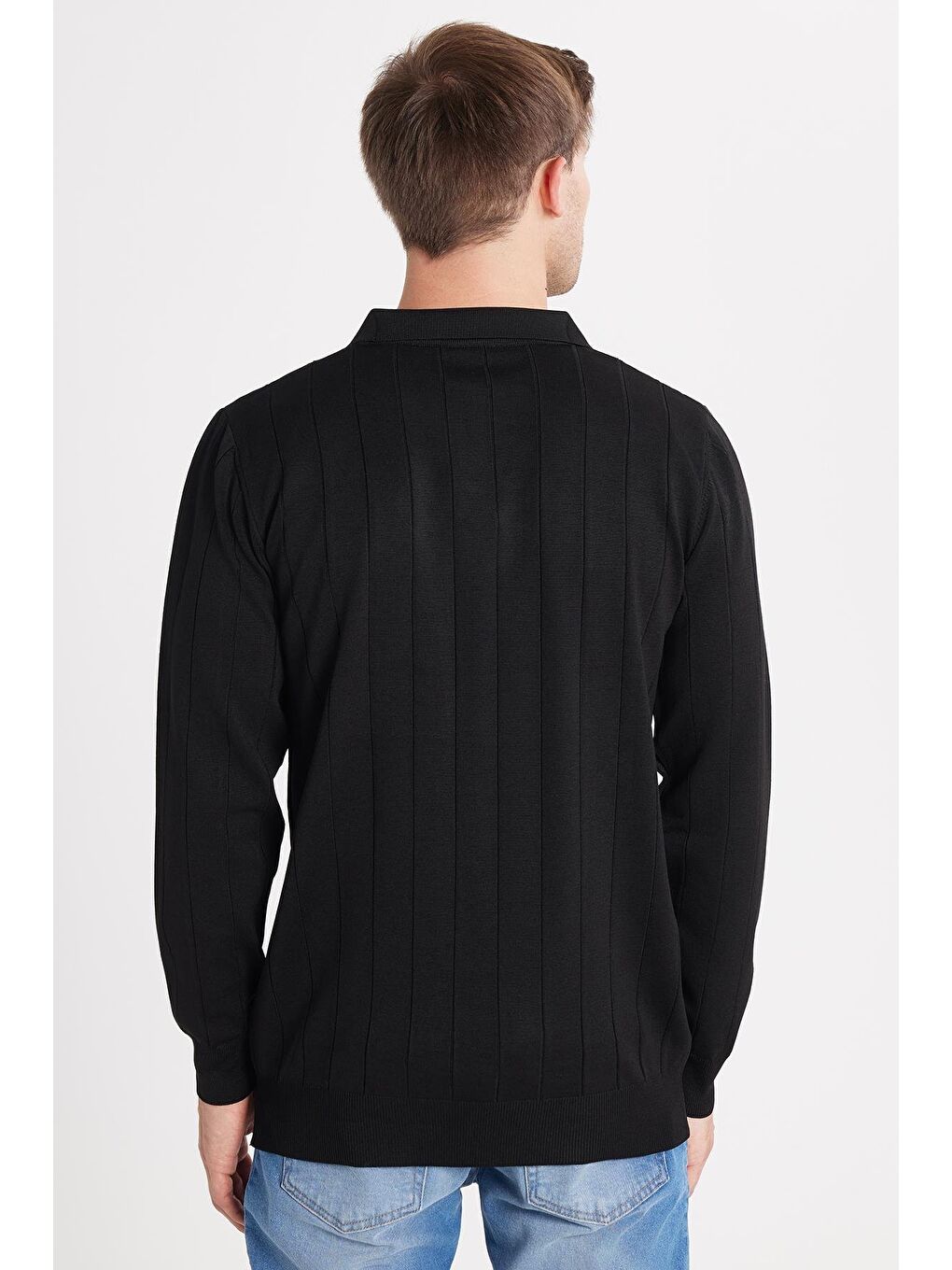 Erkek Slim Fit Dar Kesim Uzun Kol Polo Yaka Çizgili Siyah Kazak-4