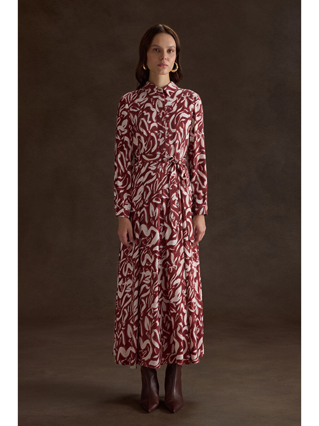 Bordo Desenli Viscon Elbise