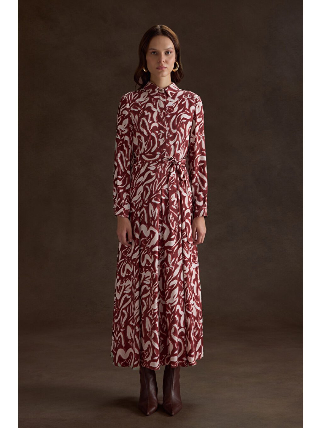 Bordo Desenli Viscon Elbise-1