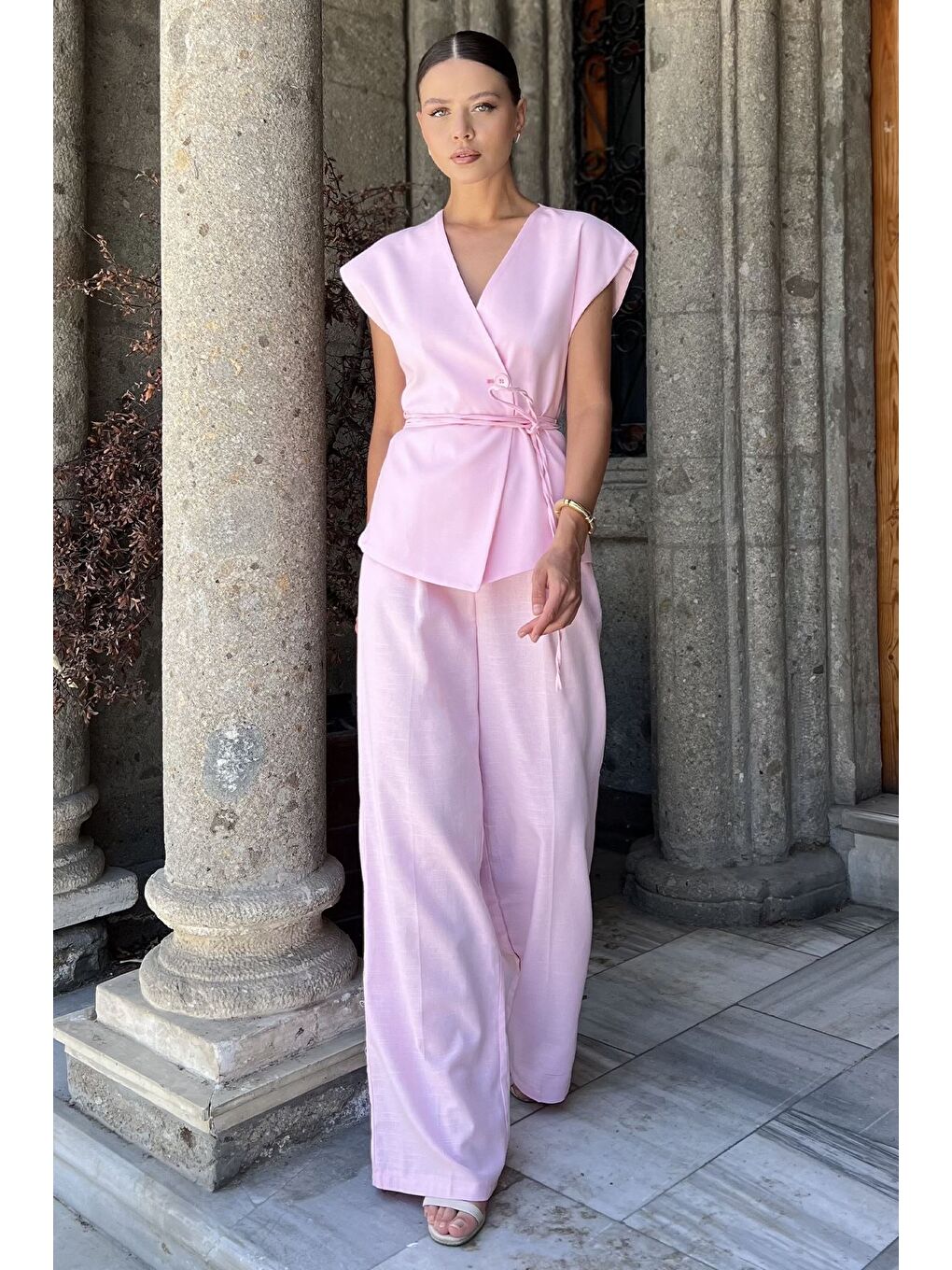 Pembe Bel Bağlamalı Astarlı Kadın Yelek Pantolon Keten İkili Takım-1