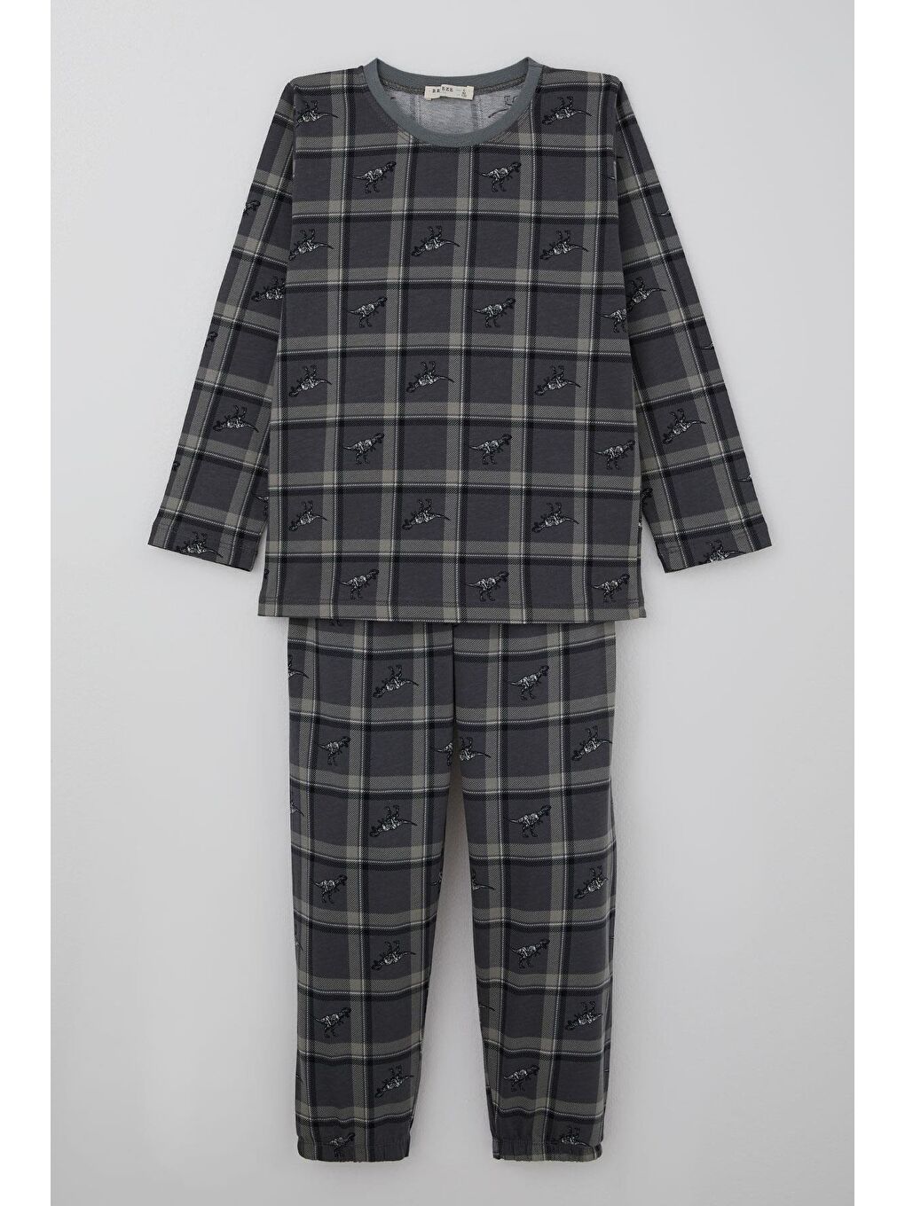 Erkek Çocuk Pijama Takımı Dinozor Krallığı Ekose Desenli Gri (4-8 Yaş)