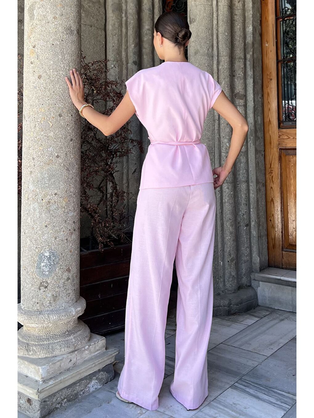 Pembe Bel Bağlamalı Astarlı Kadın Yelek Pantolon Keten İkili Takım-2