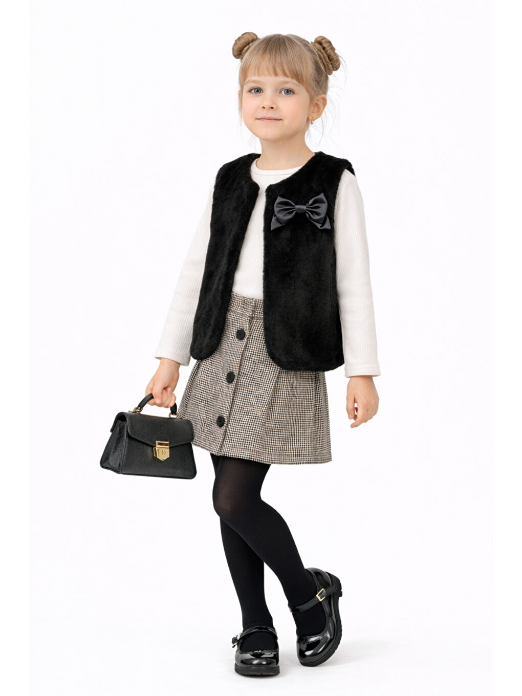 Siyah Kız Çocuk Premium Tasarım Kürk Yelek & Ekose Etek Badili Takım Ak271-272-1