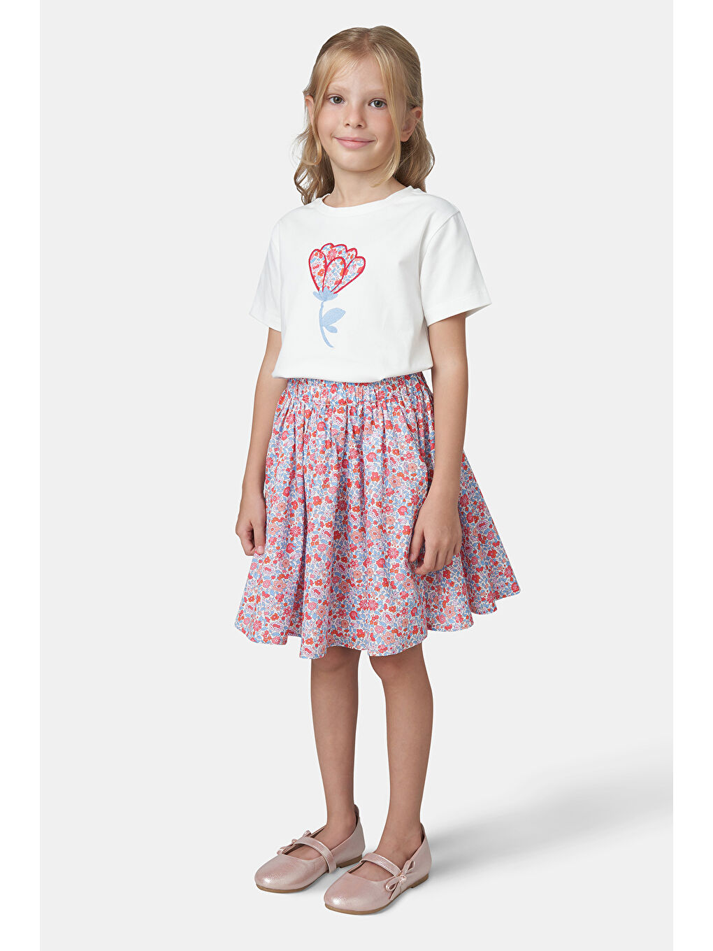 Kırmızı Liberty Kumaş Kız Çocuk Çiçek Desenli Etek-1