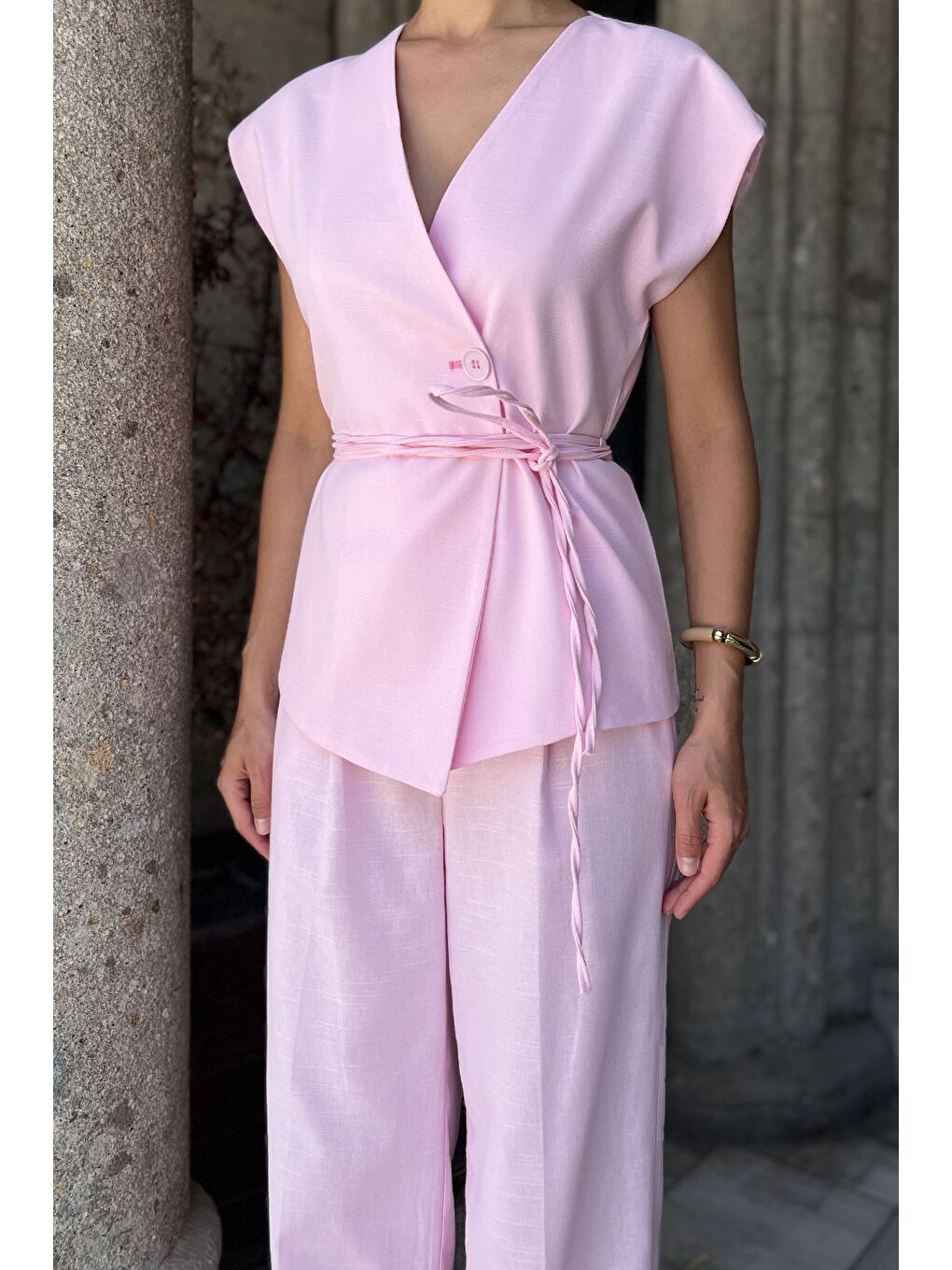 Pembe Bel Bağlamalı Astarlı Kadın Yelek Pantolon Keten İkili Takım-3