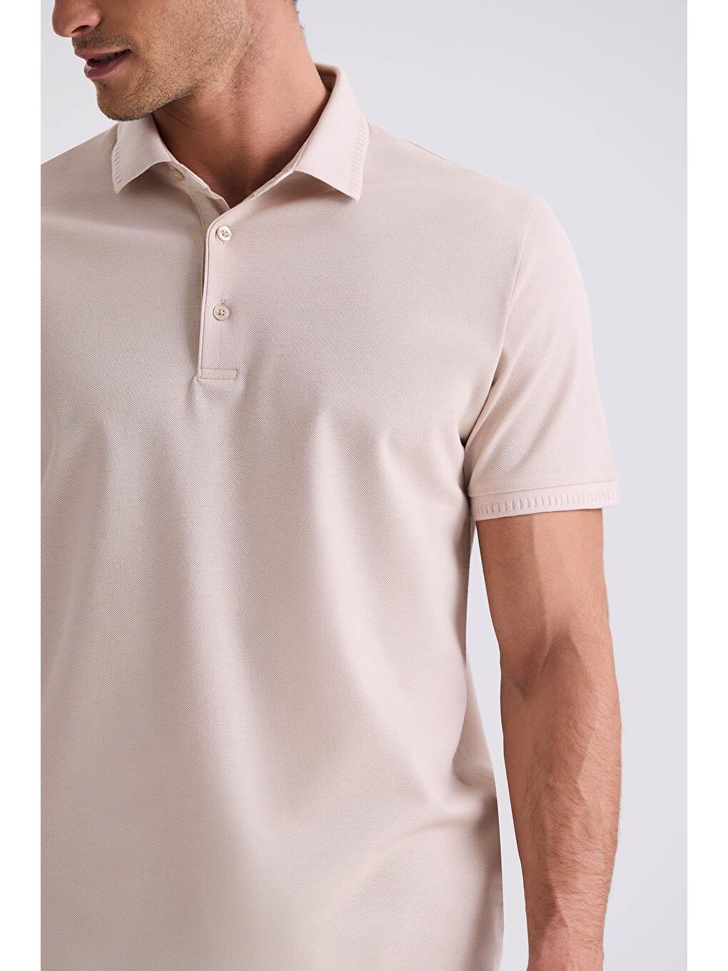 Bej Slim Fit %100 Pamuk Merserize Polo Yaka T-Shirt-2