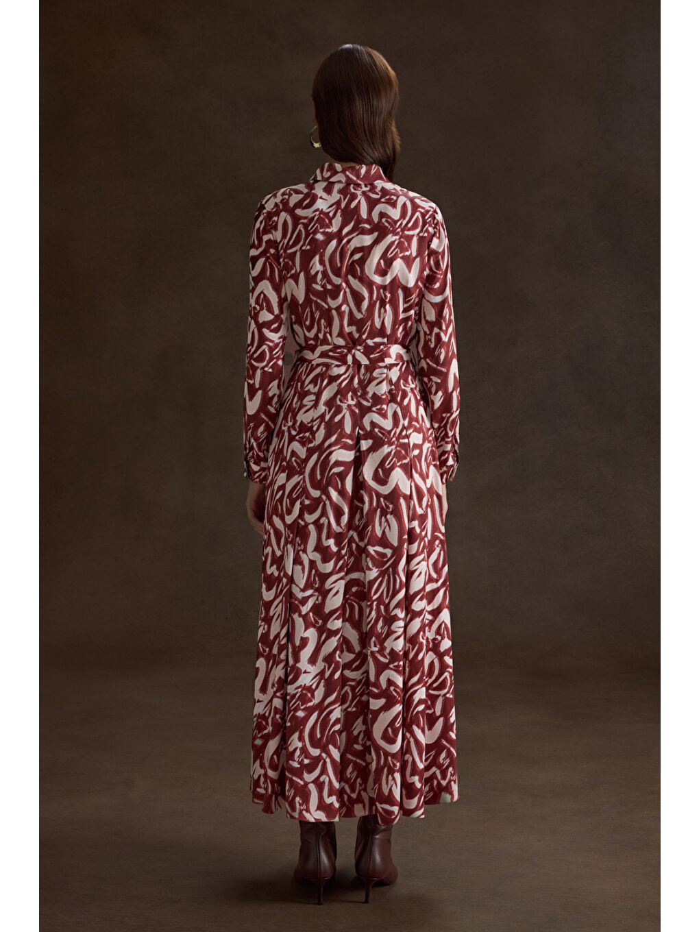 Bordo Desenli Viscon Elbise-3