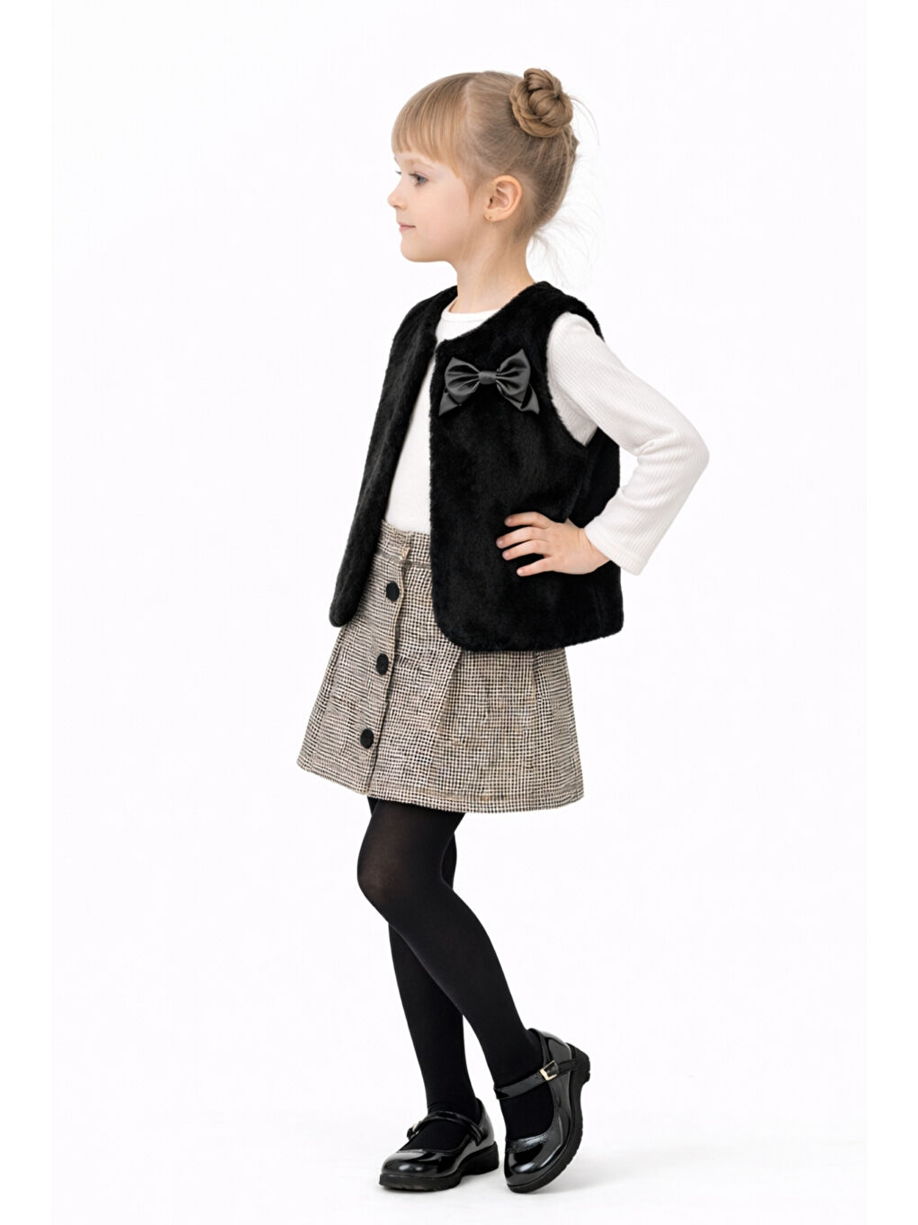 Siyah Kız Çocuk Premium Tasarım Kürk Yelek & Ekose Etek Badili Takım Ak271-272-2