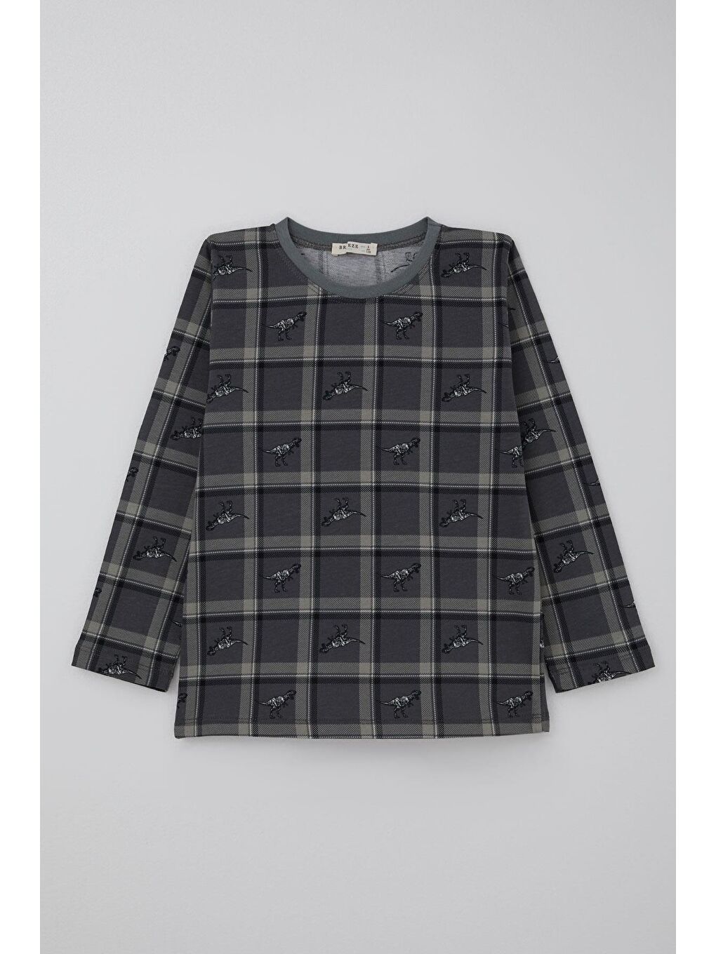 Erkek Çocuk Pijama Takımı Dinozor Krallığı Ekose Desenli Gri (4-8 Yaş)-1