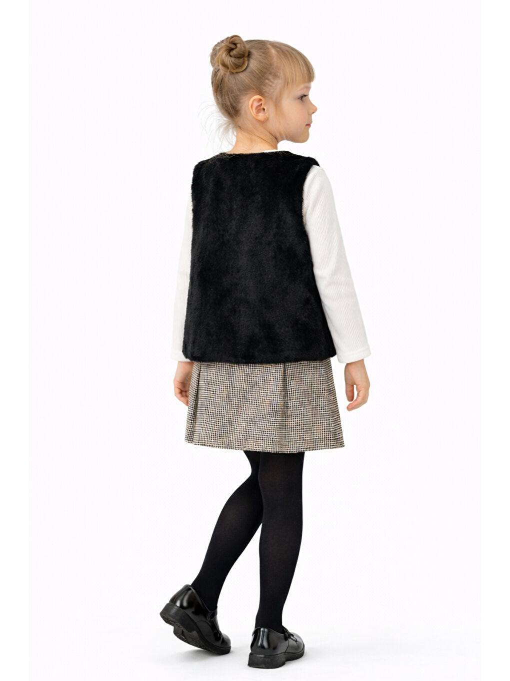 Siyah Kız Çocuk Premium Tasarım Kürk Yelek & Ekose Etek Badili Takım Ak271-272-3
