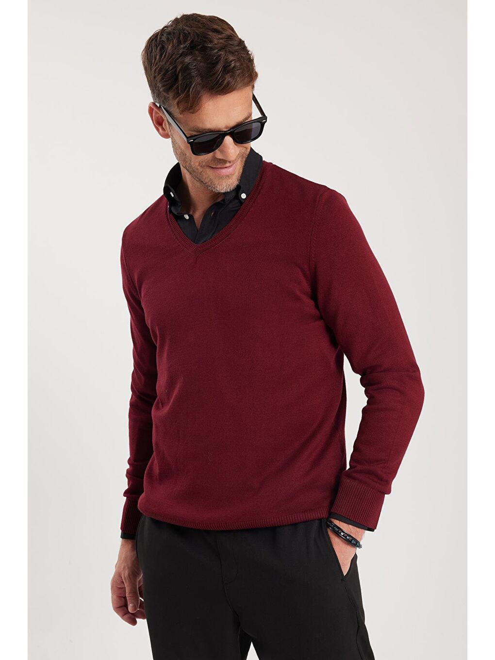 Erkek Standart Fit Normal Kesim V Yaka Pamuklu Bordo Triko Kazak-1