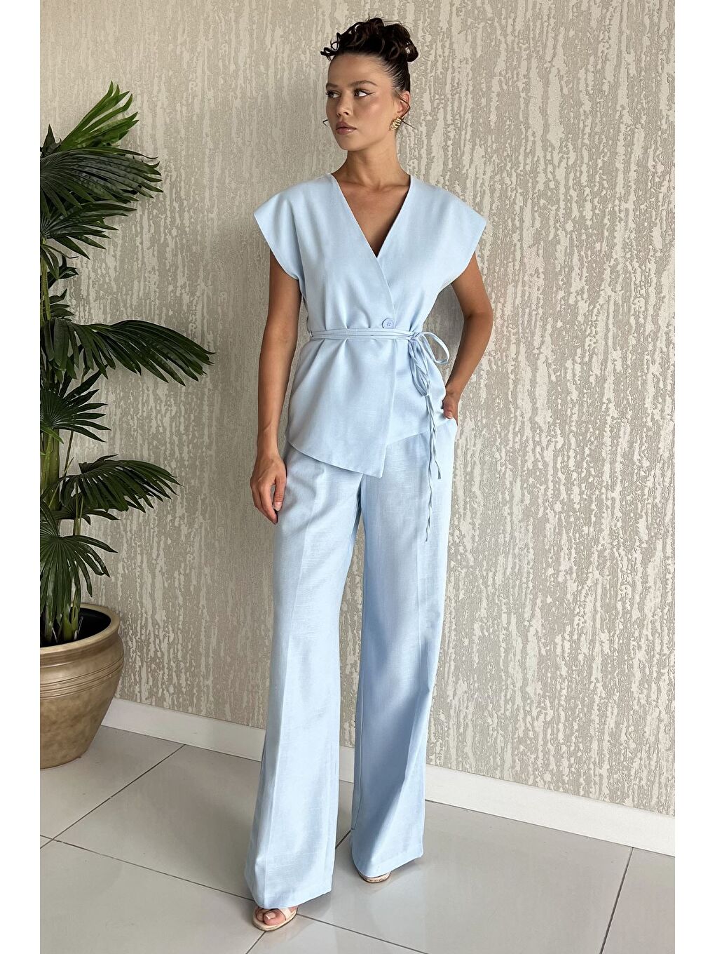 Mavi Bel Bağlamalı Astarlı Kadın Yelek Pantolon Keten İkili Takım-1