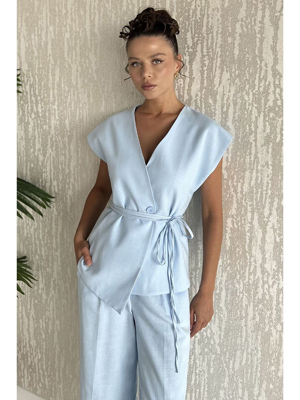 Mavi Bel Bağlamalı Astarlı Kadın Yelek Pantolon Keten İkili Takım-2