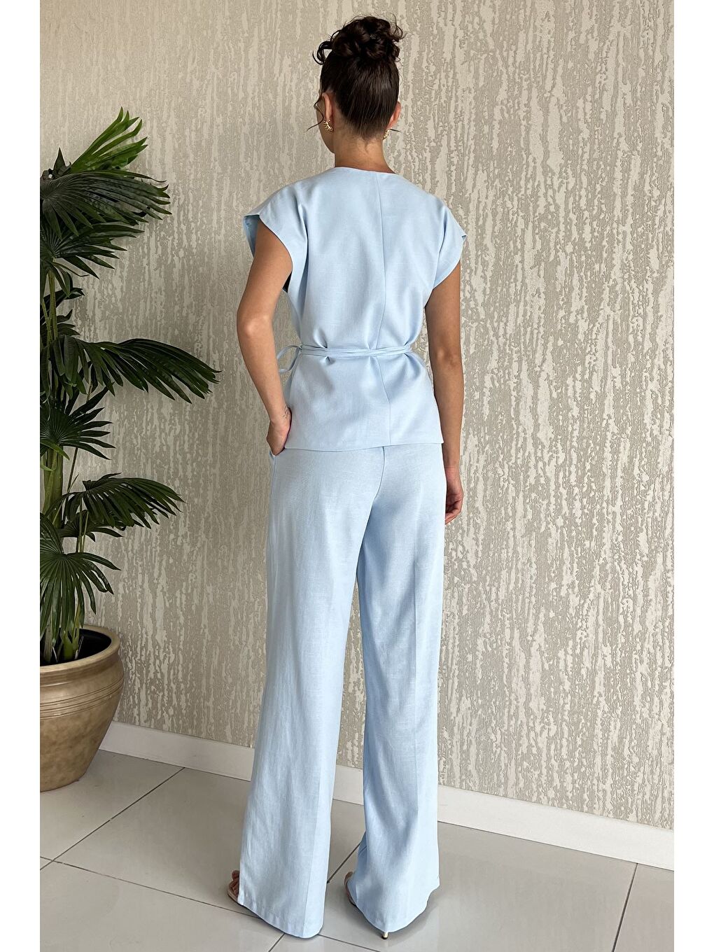 Mavi Bel Bağlamalı Astarlı Kadın Yelek Pantolon Keten İkili Takım-3