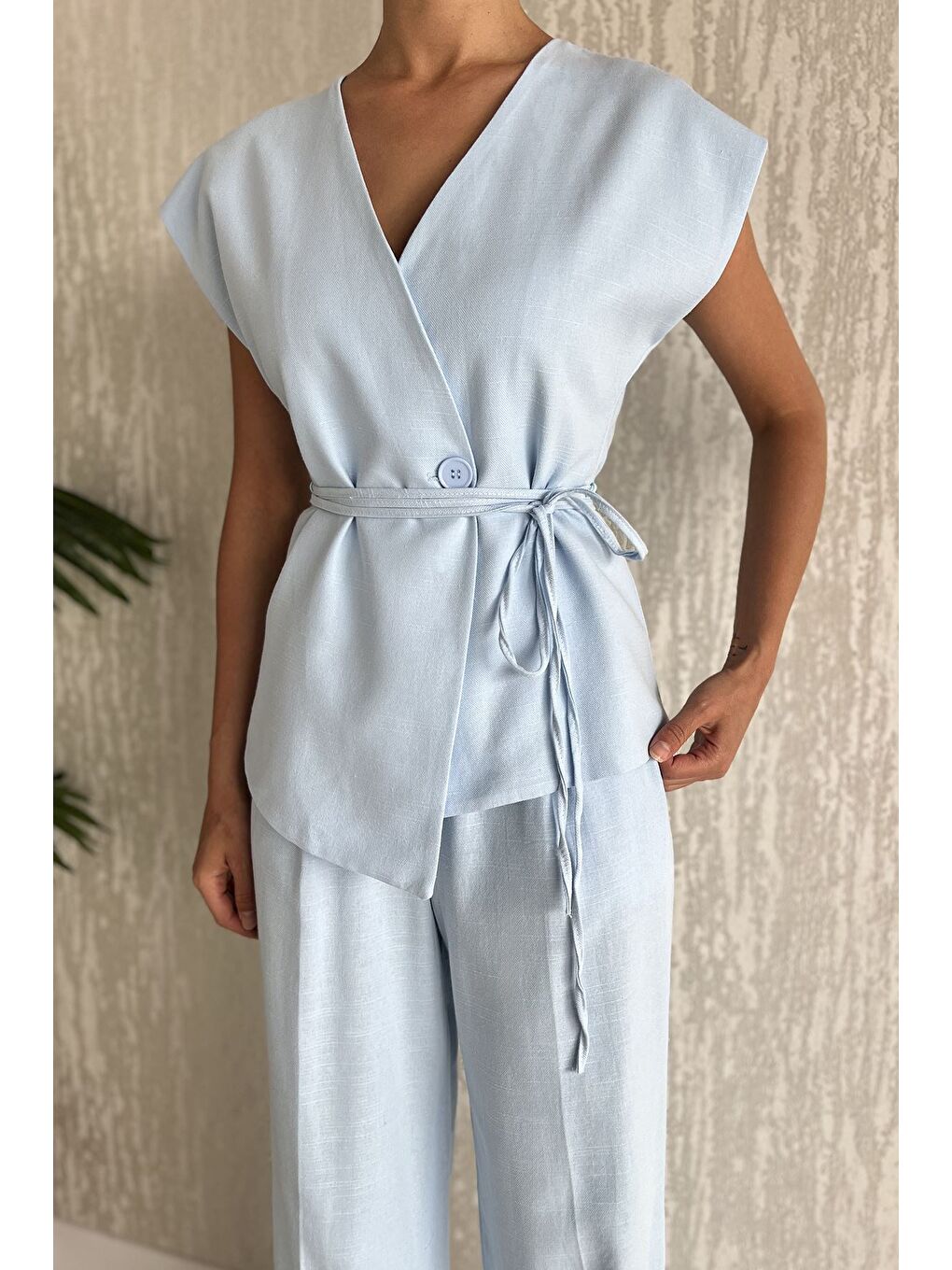 Mavi Bel Bağlamalı Astarlı Kadın Yelek Pantolon Keten İkili Takım-4