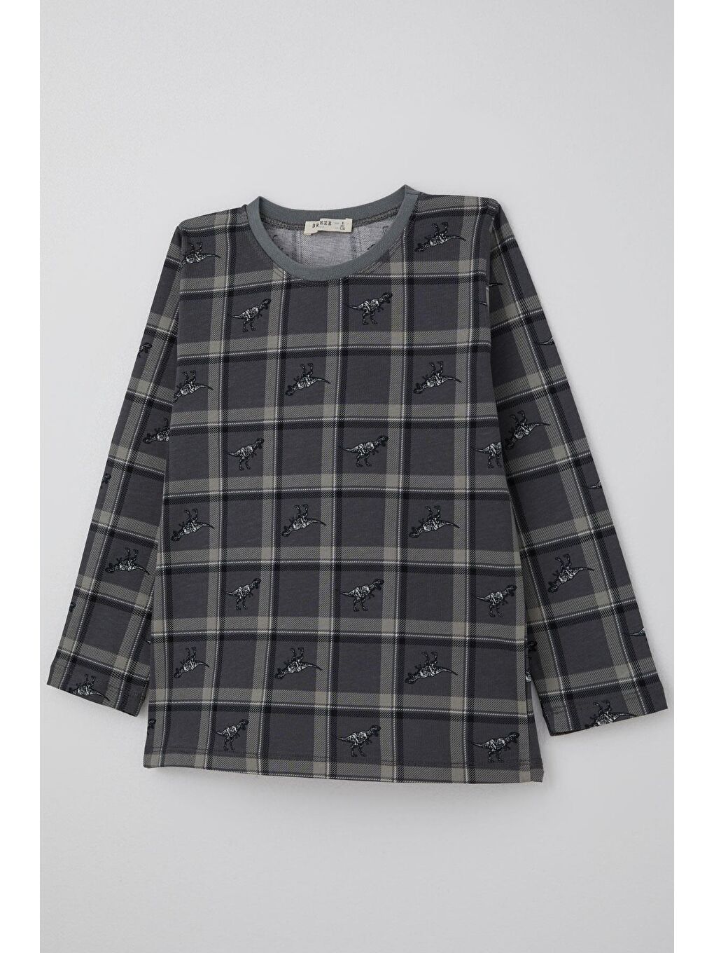 Erkek Çocuk Pijama Takımı Dinozor Krallığı Ekose Desenli Gri (4-8 Yaş)-5