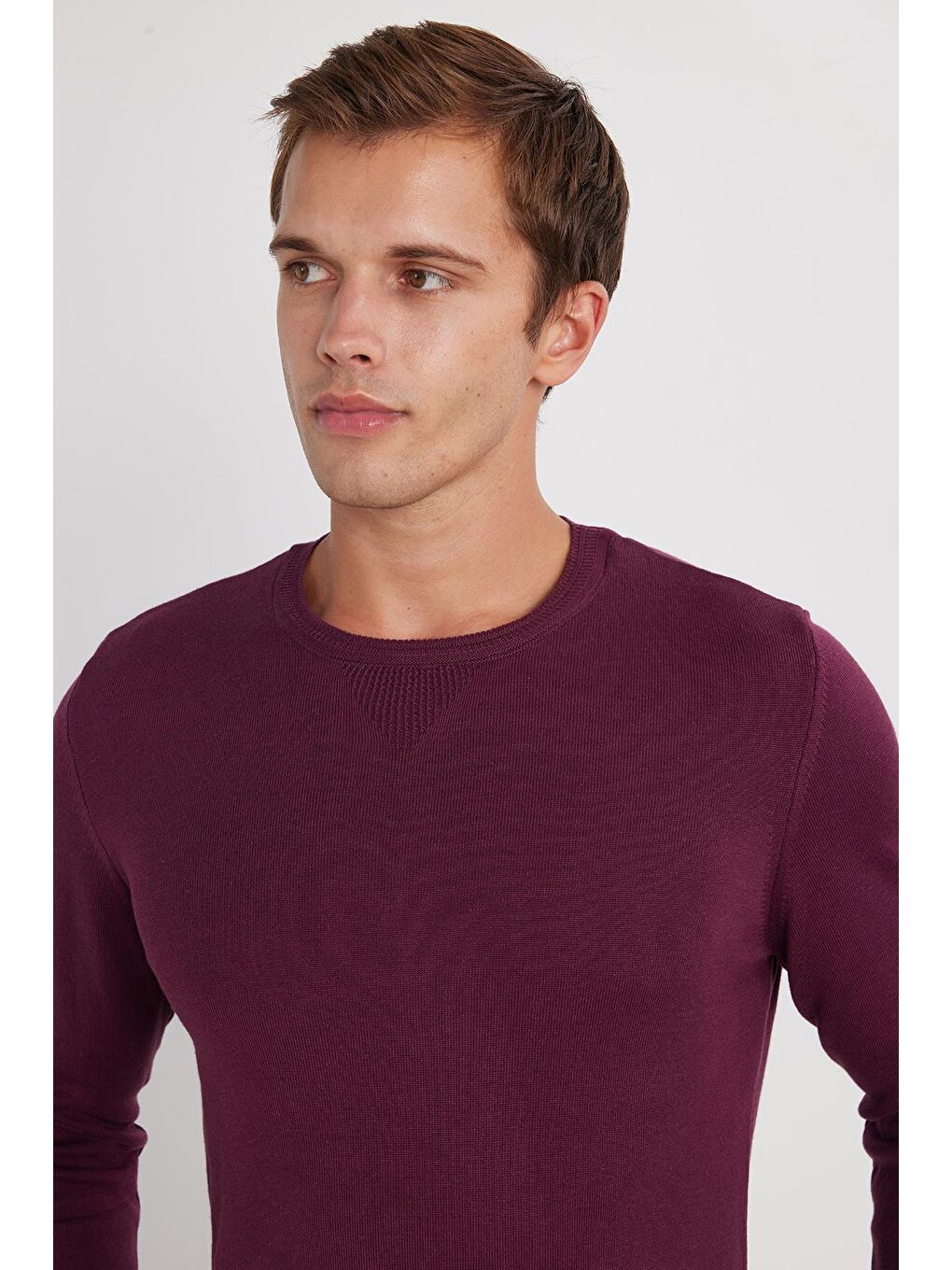 Erkek Standart Fit Normal Kesim Bisiklet Yaka Bordo Triko Kazak-1