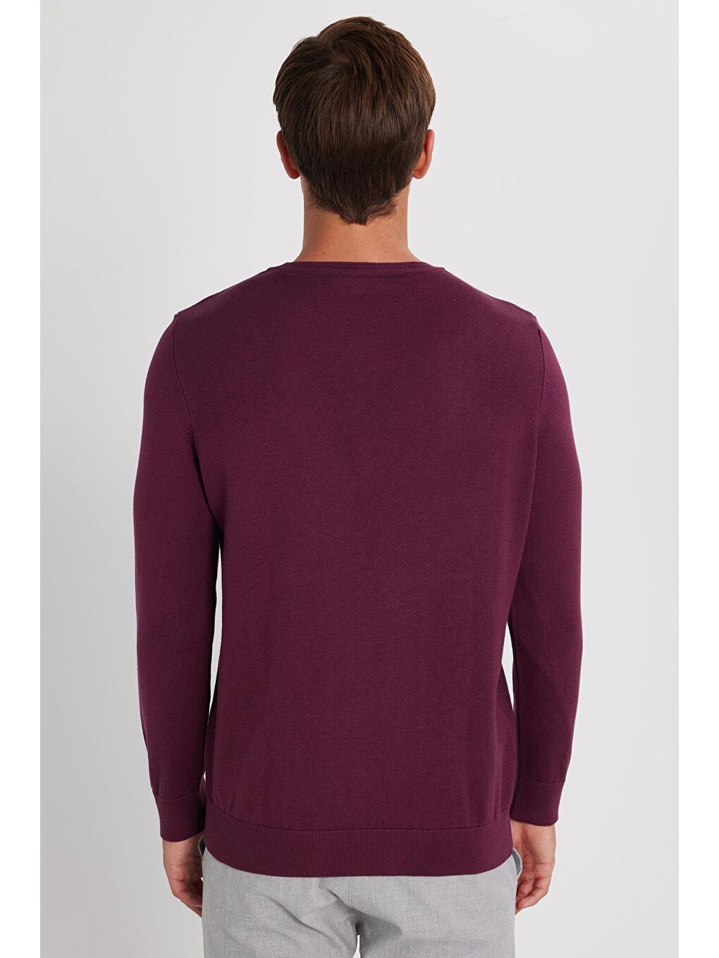 Erkek Standart Fit Normal Kesim Bisiklet Yaka Bordo Triko Kazak-4