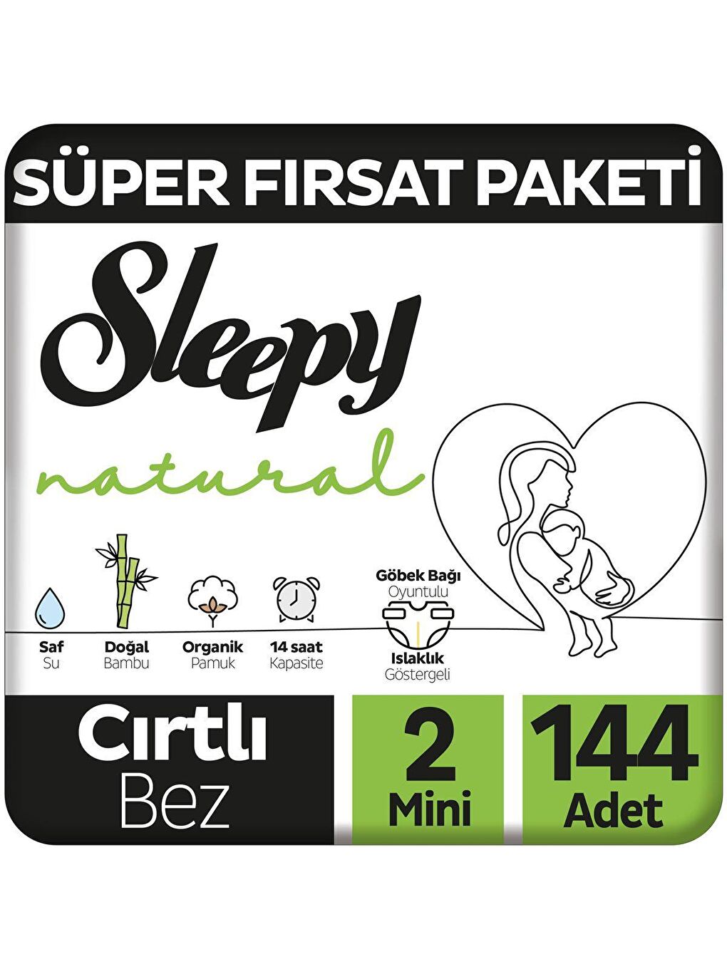 Sleepy Beyaz Natural Süper Fırsat Paketi Bebek Bezi 2 Numara Mini 144 Adet