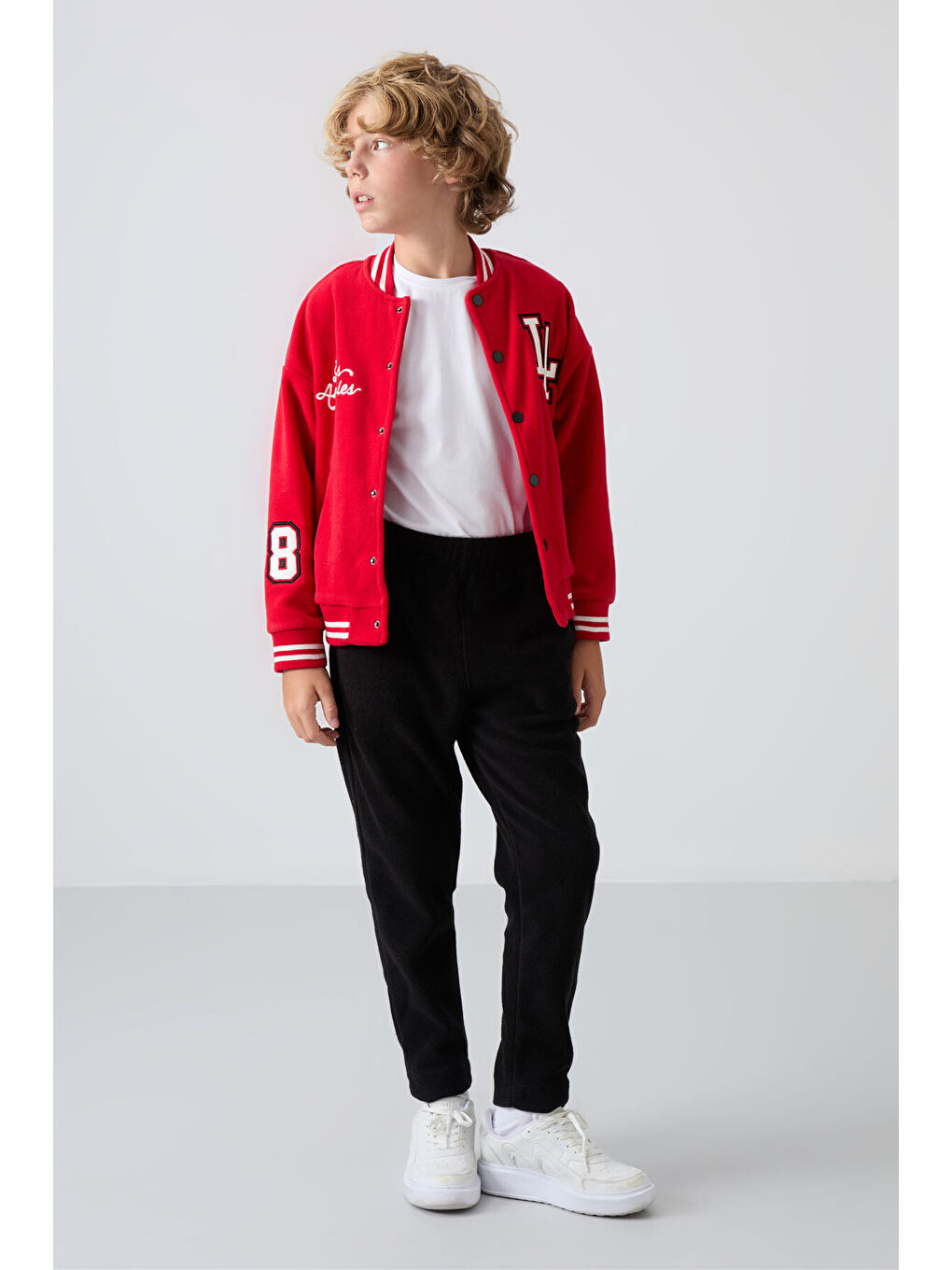 Kırmızı Kalın Yumuşak Dokulu Standart Fit Nakışlı Polar Erkek Çocuk Kolej Ceket - 11227-7