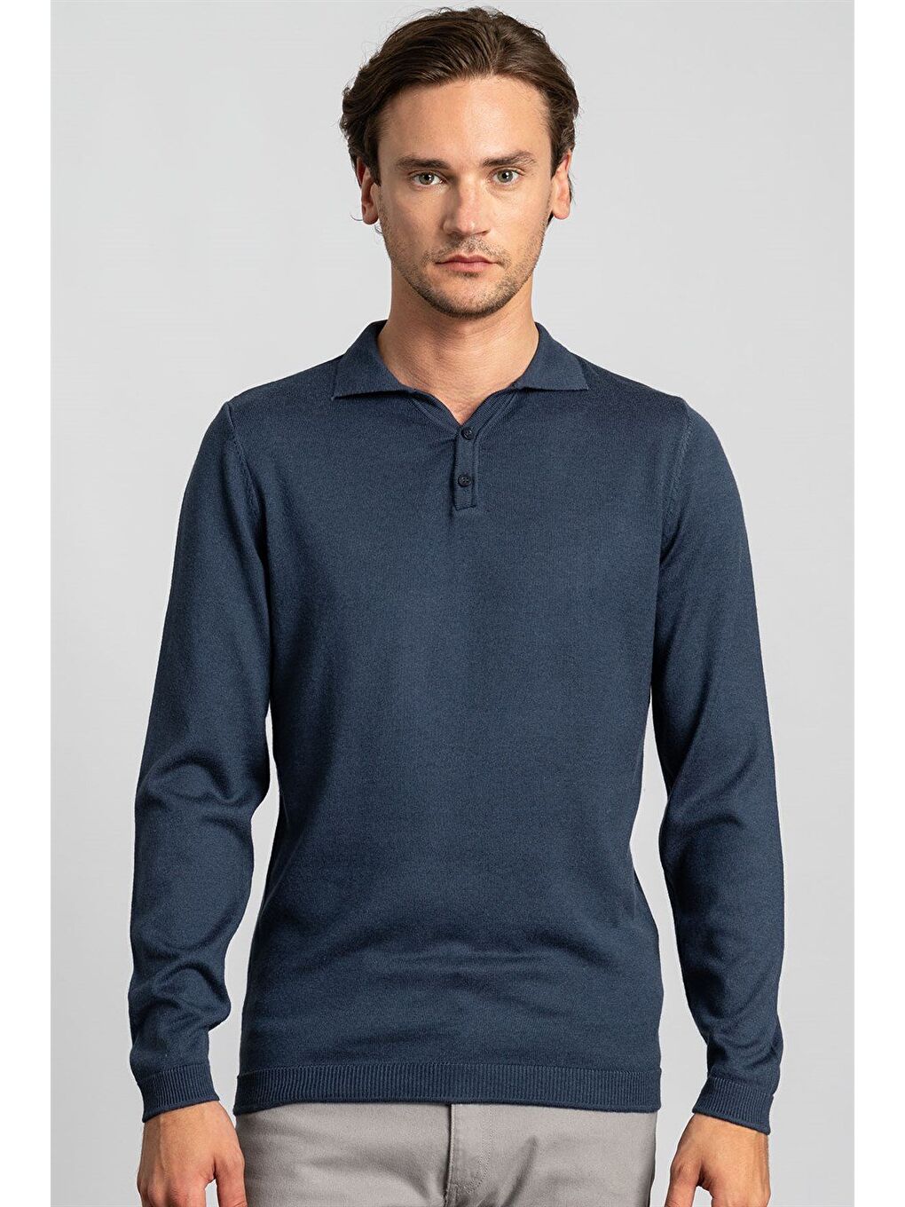 Erkek Slim Fit Düğmeli Polo Yaka Düz İndigo Triko Kazak-1