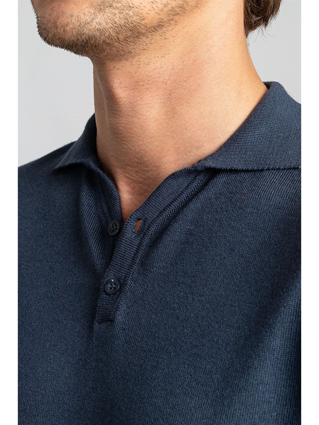 Erkek Slim Fit Düğmeli Polo Yaka Düz İndigo Triko Kazak-2