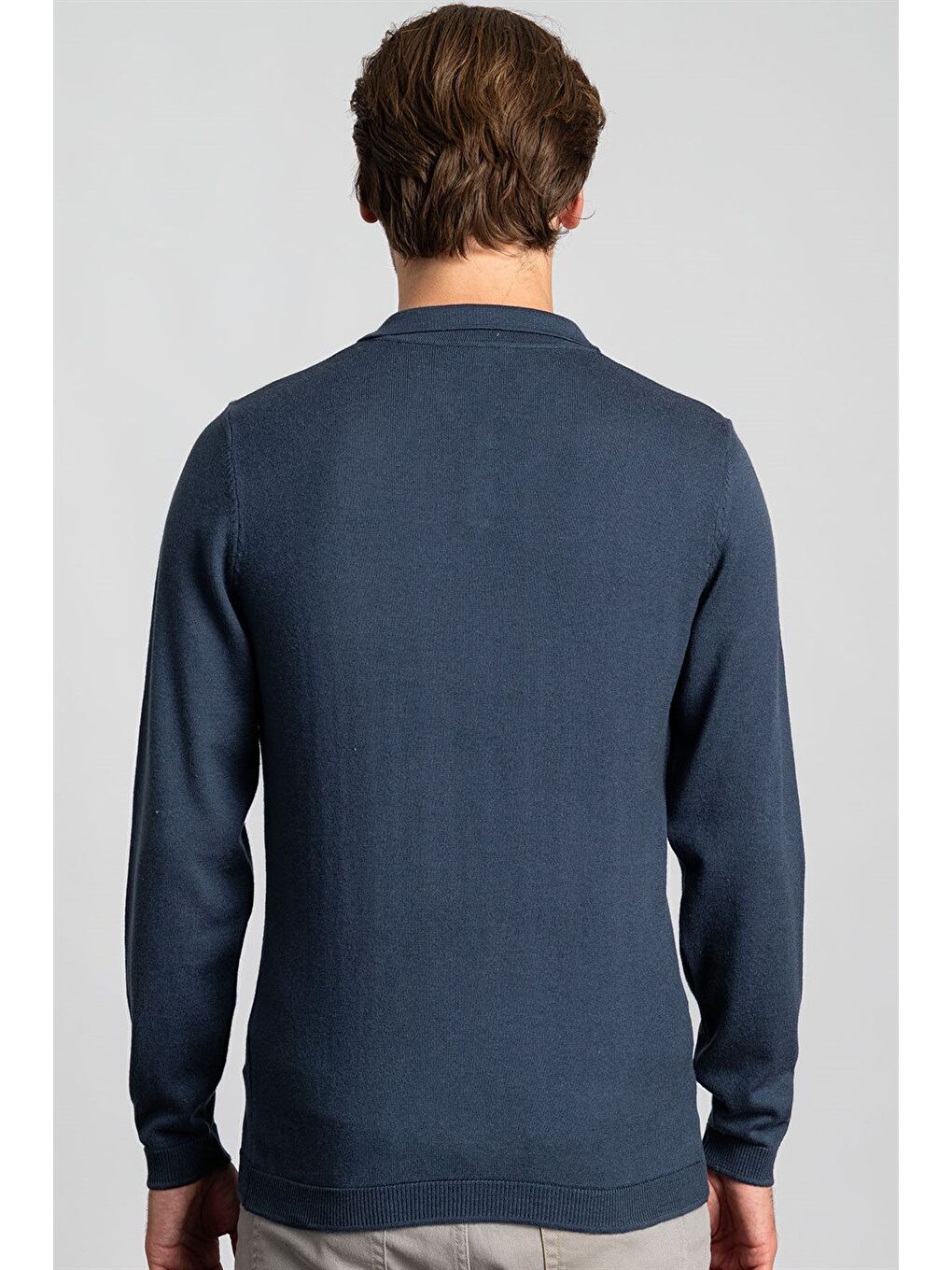 Erkek Slim Fit Düğmeli Polo Yaka Düz İndigo Triko Kazak-3