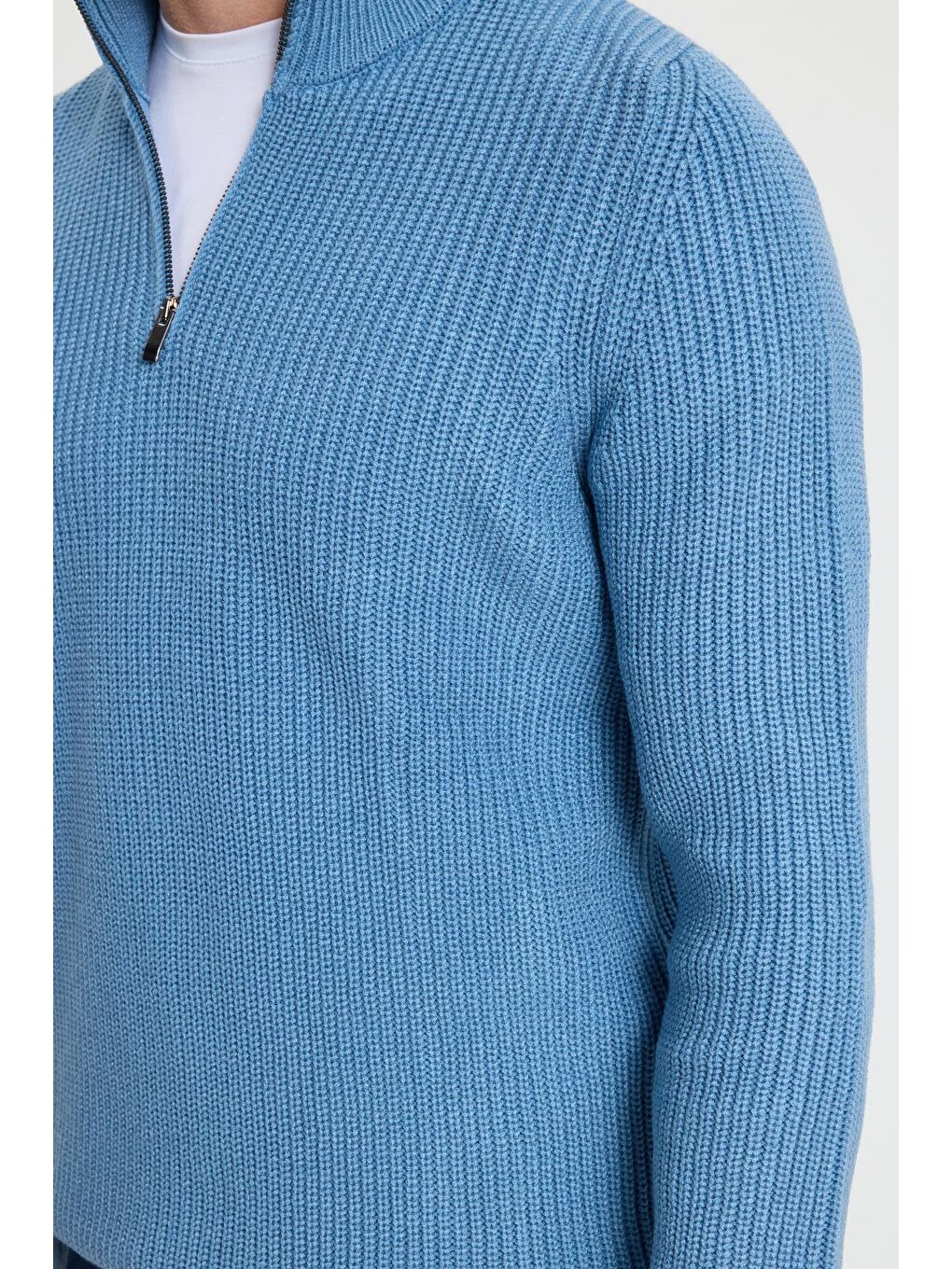 Erkek Slim Fit Dar Kesim Fermuarlı İndigo Dik Yaka Triko Kazak-2