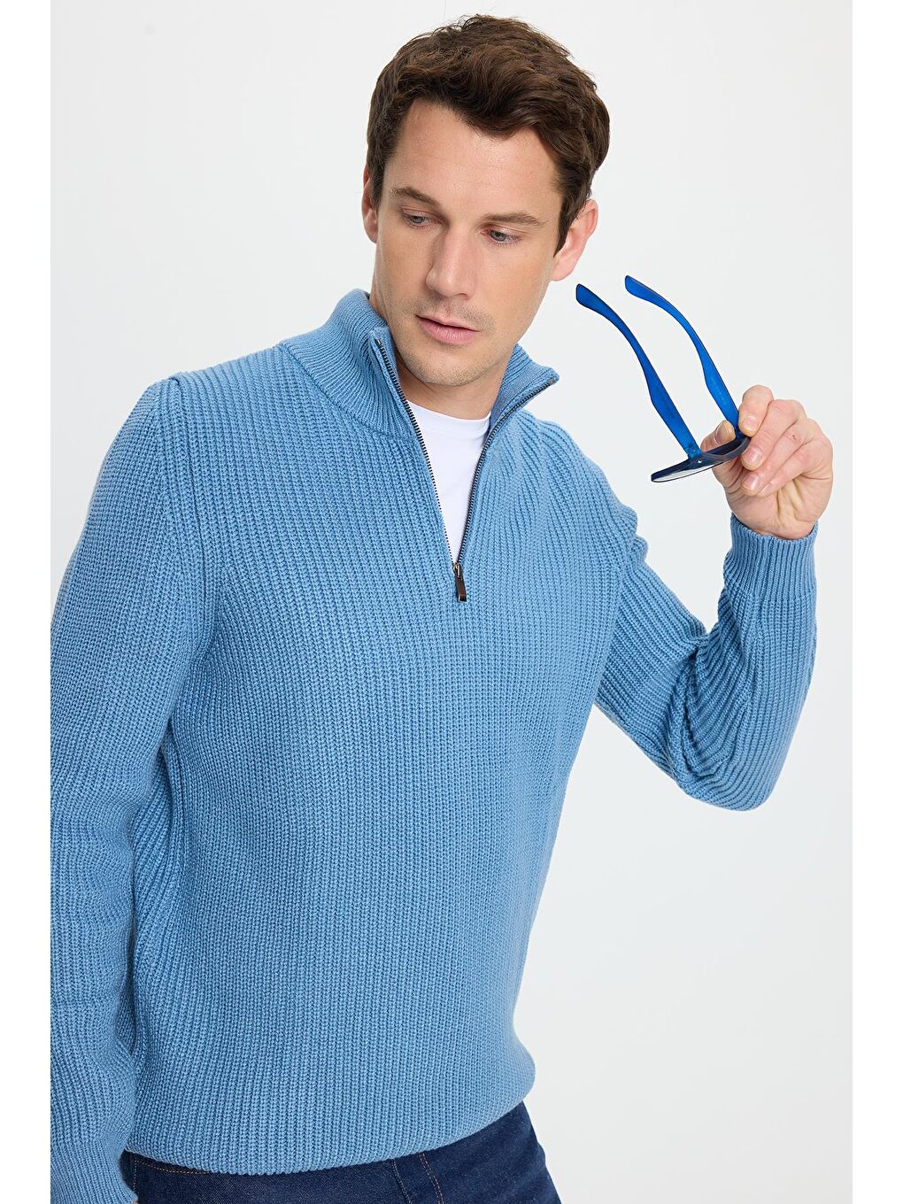 Erkek Slim Fit Dar Kesim Fermuarlı İndigo Dik Yaka Triko Kazak-3