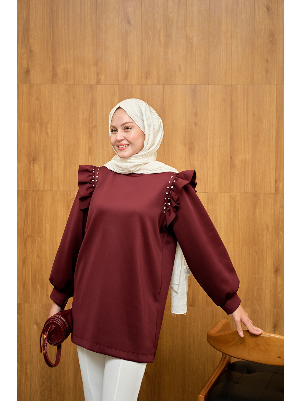 Kadın Fırfır Detay Taşlı Tunik Bordo-1